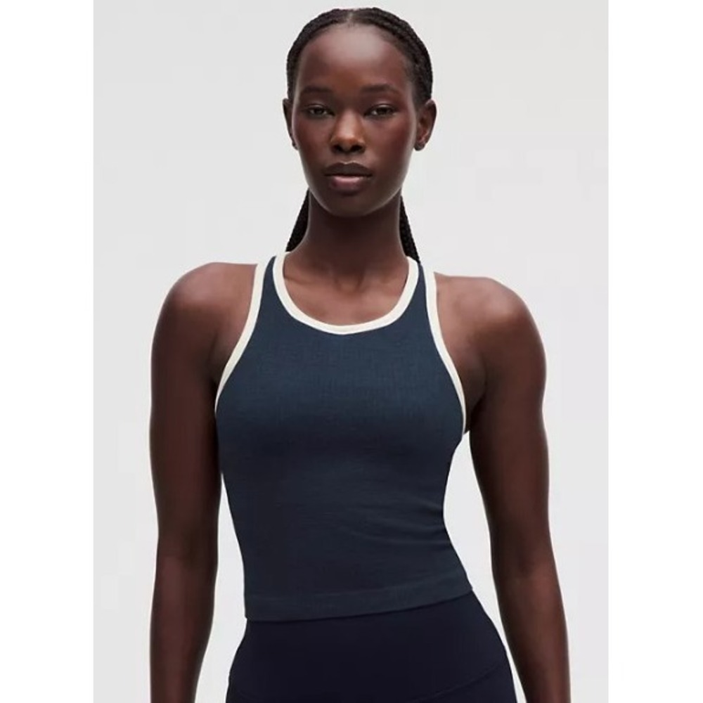 Lululemon Ebb to Street Cropped Racerback Tank True Navy Ivory Size 12 NWT